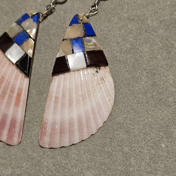 Santo Domingo Shell Lapis Lazuli Inlay Drop Earrings Native American Vintage S - Picture 2 of 8